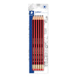Five red and black Staedtler Mars Lumograph pencils in a vertical blister pack with a white and blue header card.
