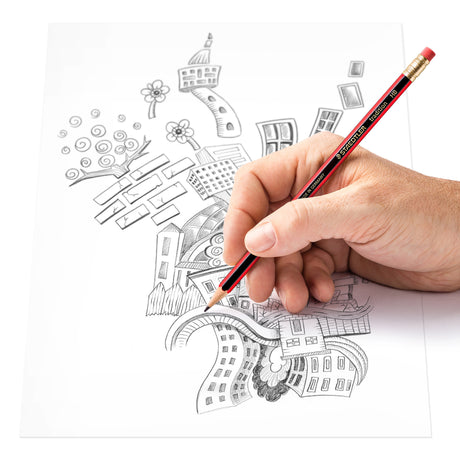 Hand holding a red pencil over a drawing of a cityscape with doodles on a white background