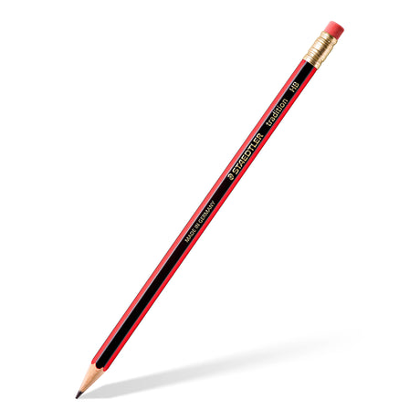 A single red Staedtler Mars Ultrex titanium 10B pencil with a gold ferrule and pink eraser, shown diagonally on a white background with a soft shadow.