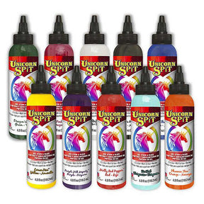 10 bottle of unicorn spits paint on a white background
