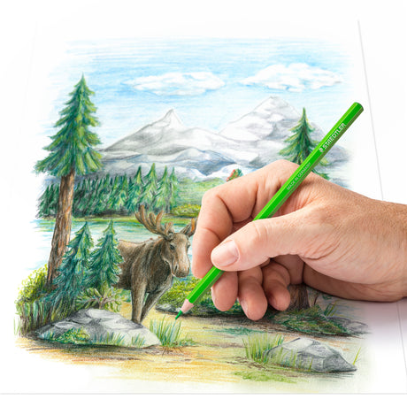 Hand holding a green pencil drawing a moose in a forest scene with trees and mountains.