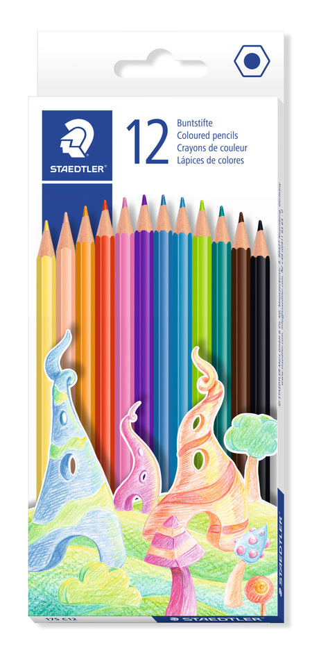 Pack of Staedtler colored pencils with colorful illustrations on a white background