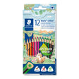 Staedler Noris colour 12-piece triangular coloured pencils in a cardboard packaging with a nature illustration background, featuring a visible window showing the colored pencils.