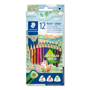 Staedler Noris colour 12-piece triangular coloured pencils in a cardboard packaging with a nature illustration background, featuring a visible window showing the colored pencils.