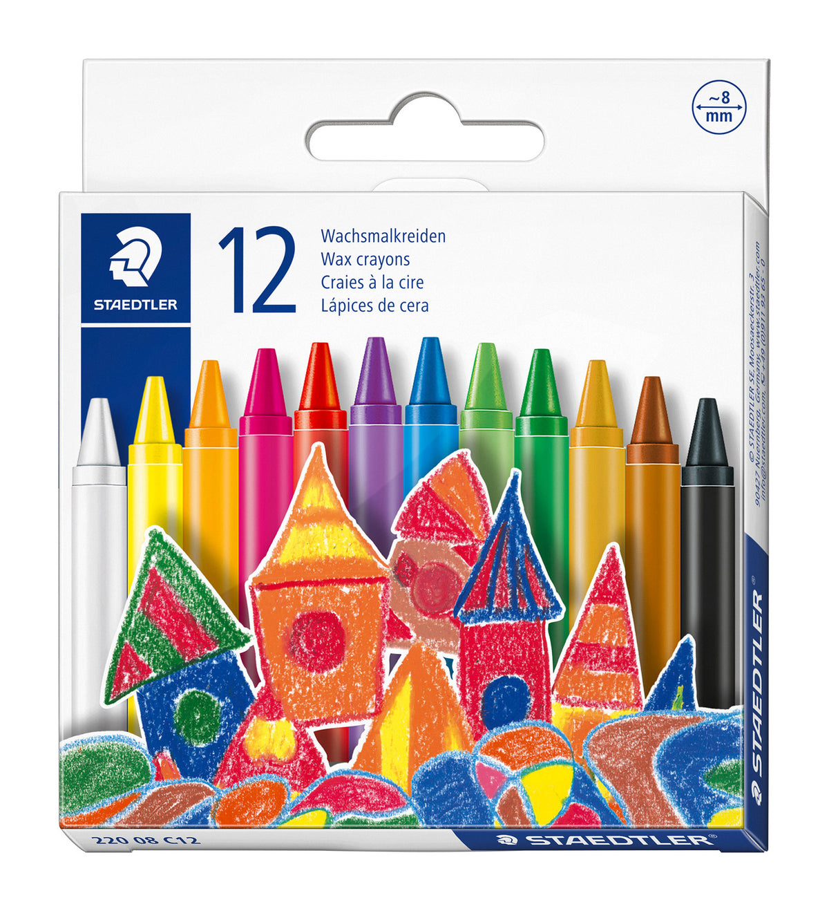 Staedtler 12-piece wax crayon set in its original retail packaging, featuring a variety of bright crayon colors and colorful crayon drawings on the front.