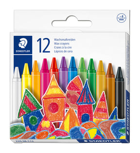Staedtler 12-piece wax crayon set in its original retail packaging, featuring a variety of bright crayon colors and colorful crayon drawings on the front.