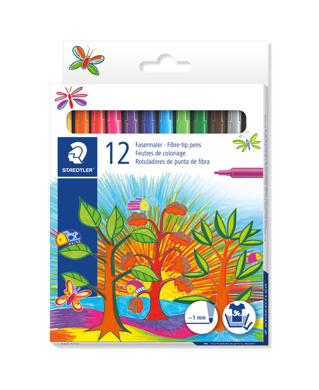 Pack of Staedtler fibre-tip pens with colorful design on packaging