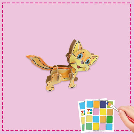 3d cardboard model of a cat that is being painted by a child