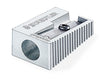 Metal pencil sharpener with Staedtler branding on a white background