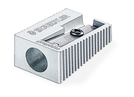 Metal pencil sharpener with Staedtler branding on a white background