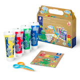 Faber-Castell art set with tubes of paint, a pair of scissors, and a coloring book on a white background.