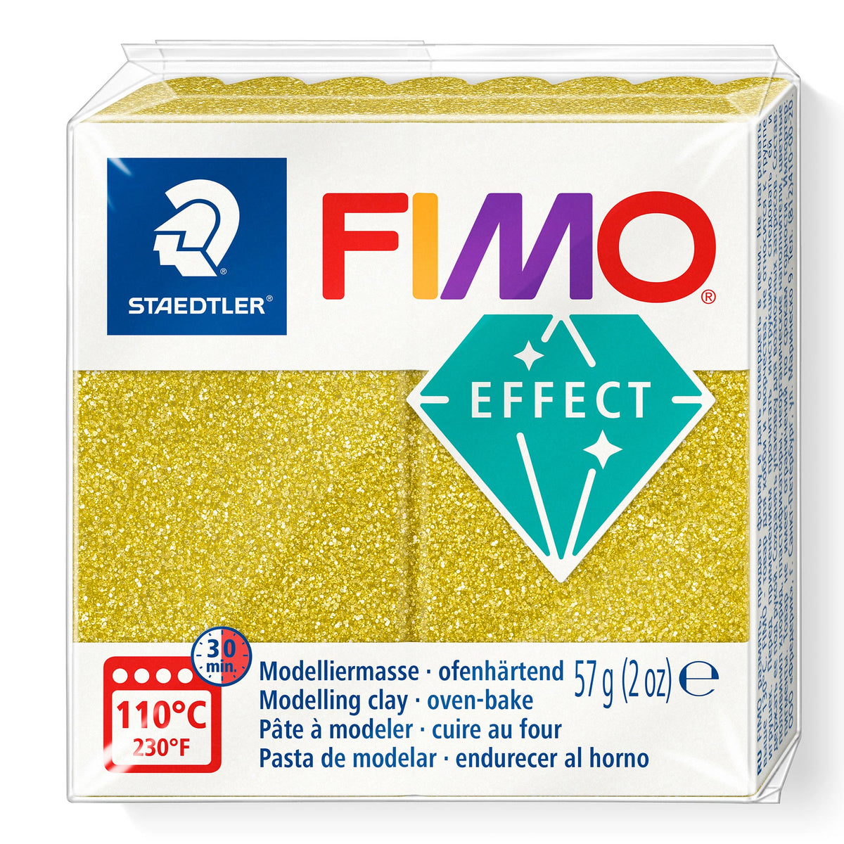 A package of Staedtler FIMO Effect Glitter Gold oven-bake modelling clay, 57g (2 oz).