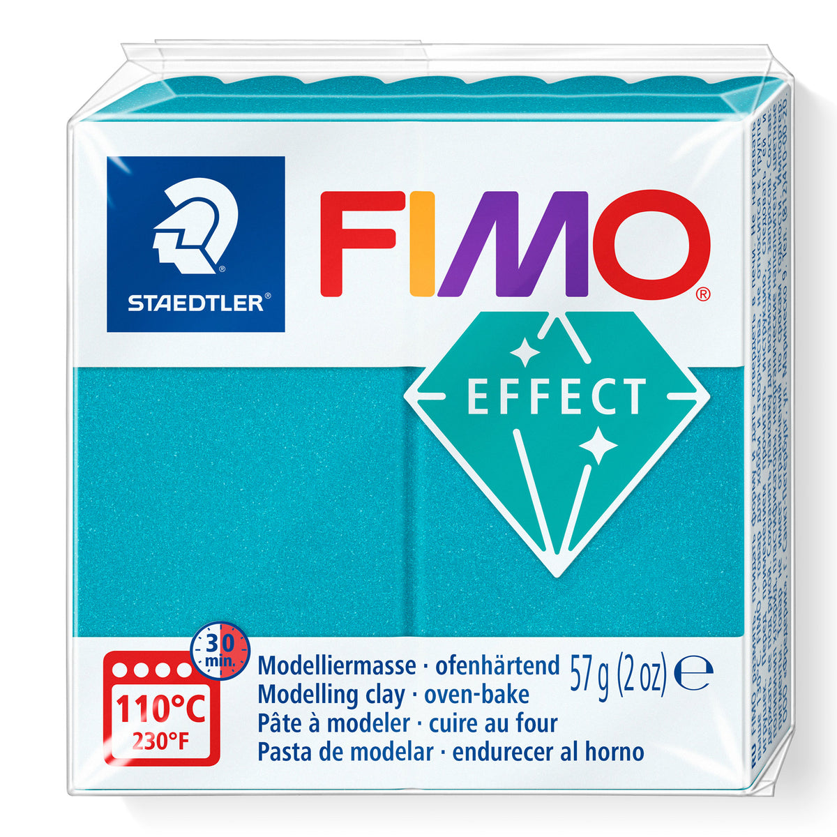A package of Staedtler FIMO Effect Metallic Turquoise oven-bake modelling clay, 57g (2 oz).