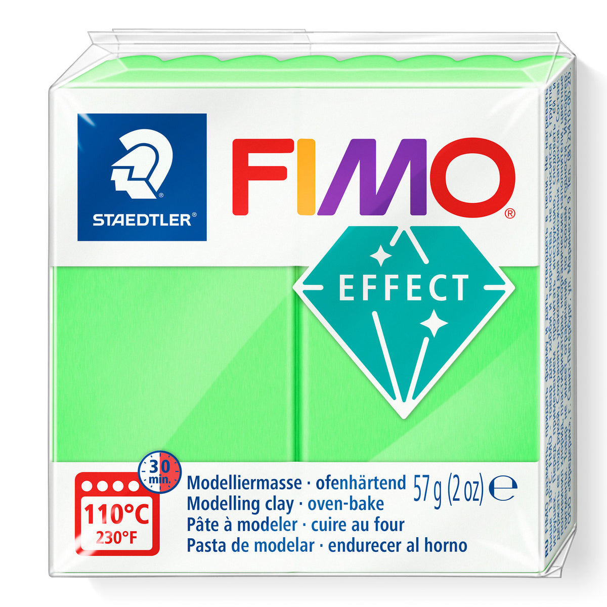 A package of Staedtler FIMO Effect Neon Green oven-bake modelling clay, 57g (2 oz).