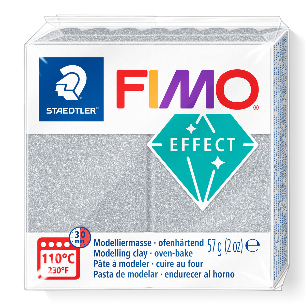 A package of Staedtler FIMO Effect Glitter Silver oven-bake modelling clay, 57g (2 oz).