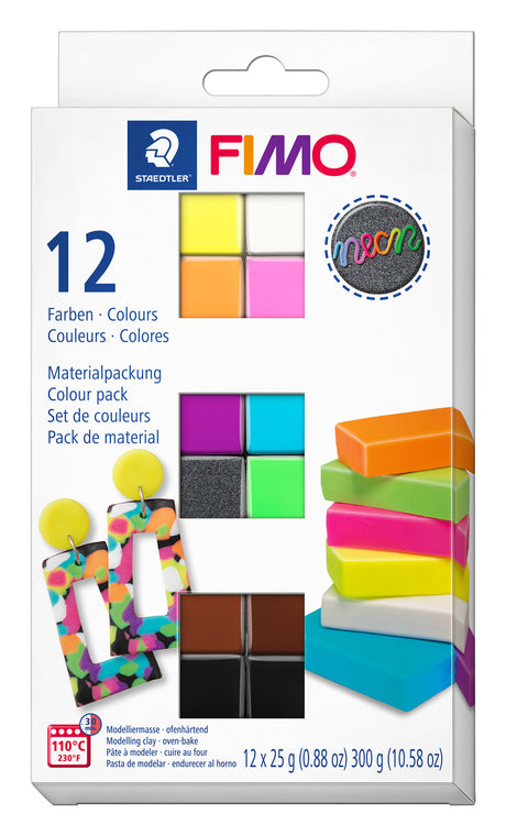 FIMO neon polymer clay set on a white background
