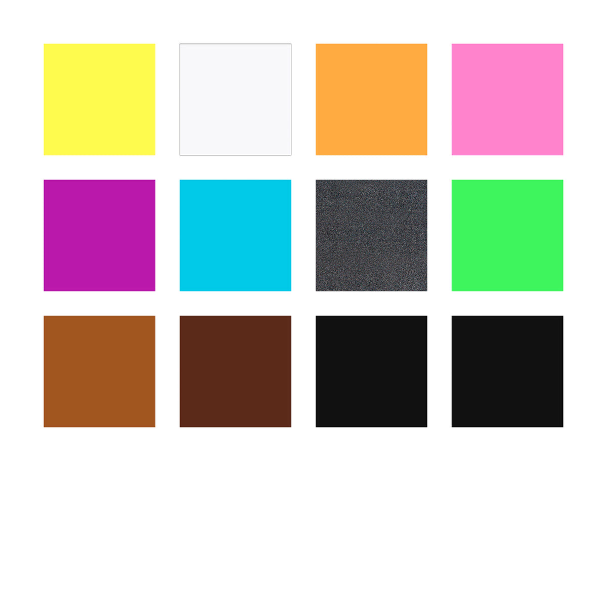 A 4x4 grid of flat color swatches on a white background, including yellow, white, orange, pink, magenta, cyan, charcoal gray, neon green, brown, dark brown, black, and light gray.