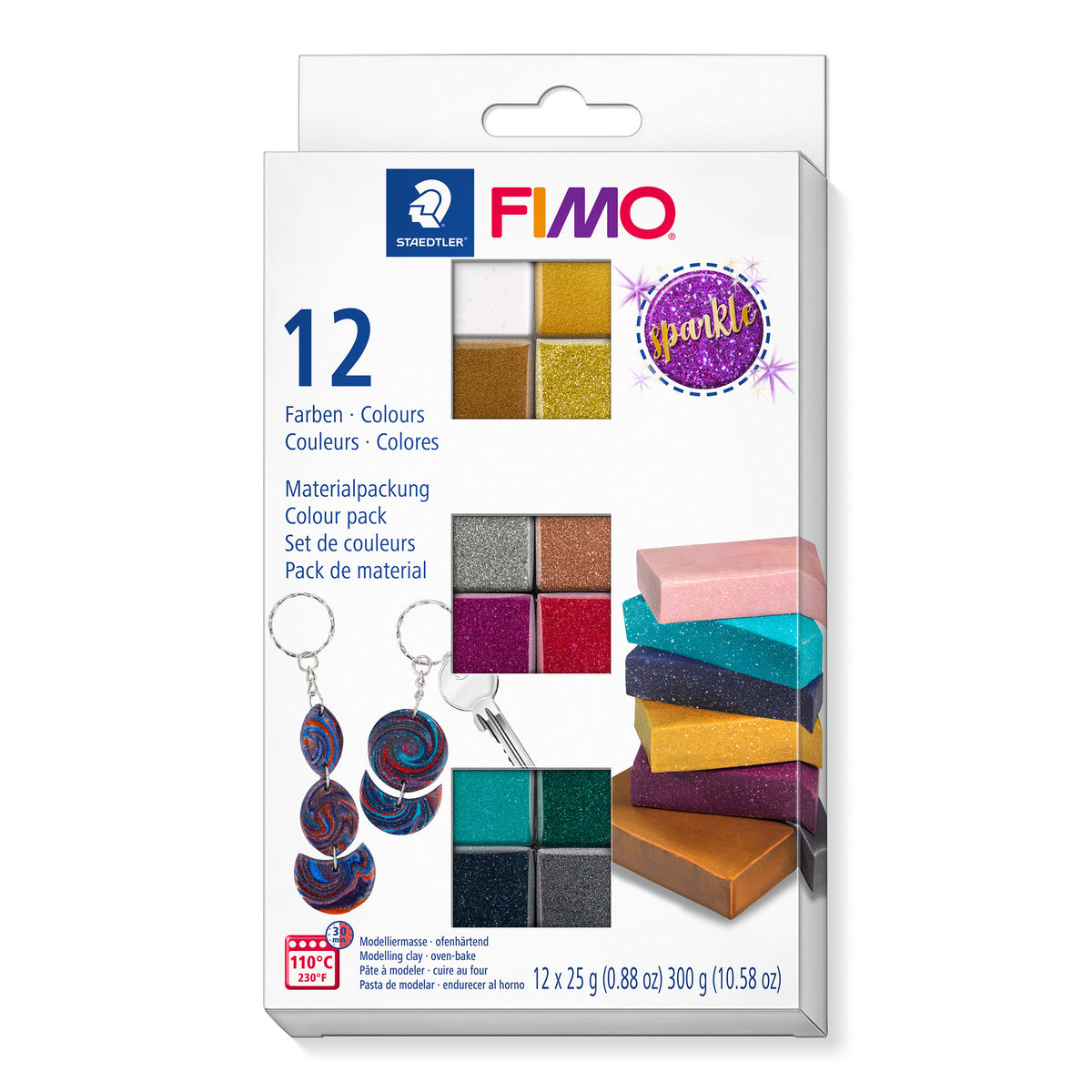 FIMO Sparkle Polymer clay set packaging with colorful clay blocks and tools on a white background