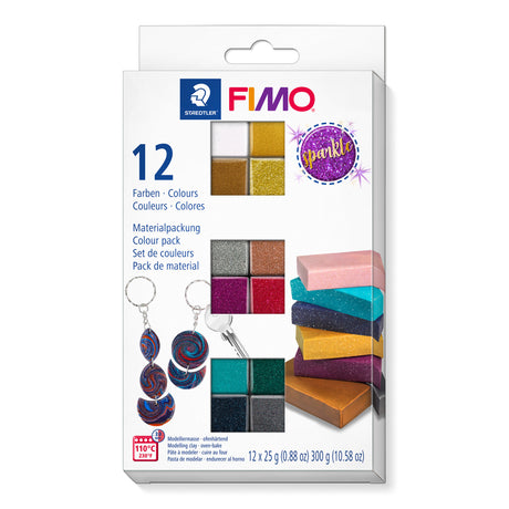 FIMO Sparkle Polymer clay set packaging with colorful clay blocks and tools on a white background