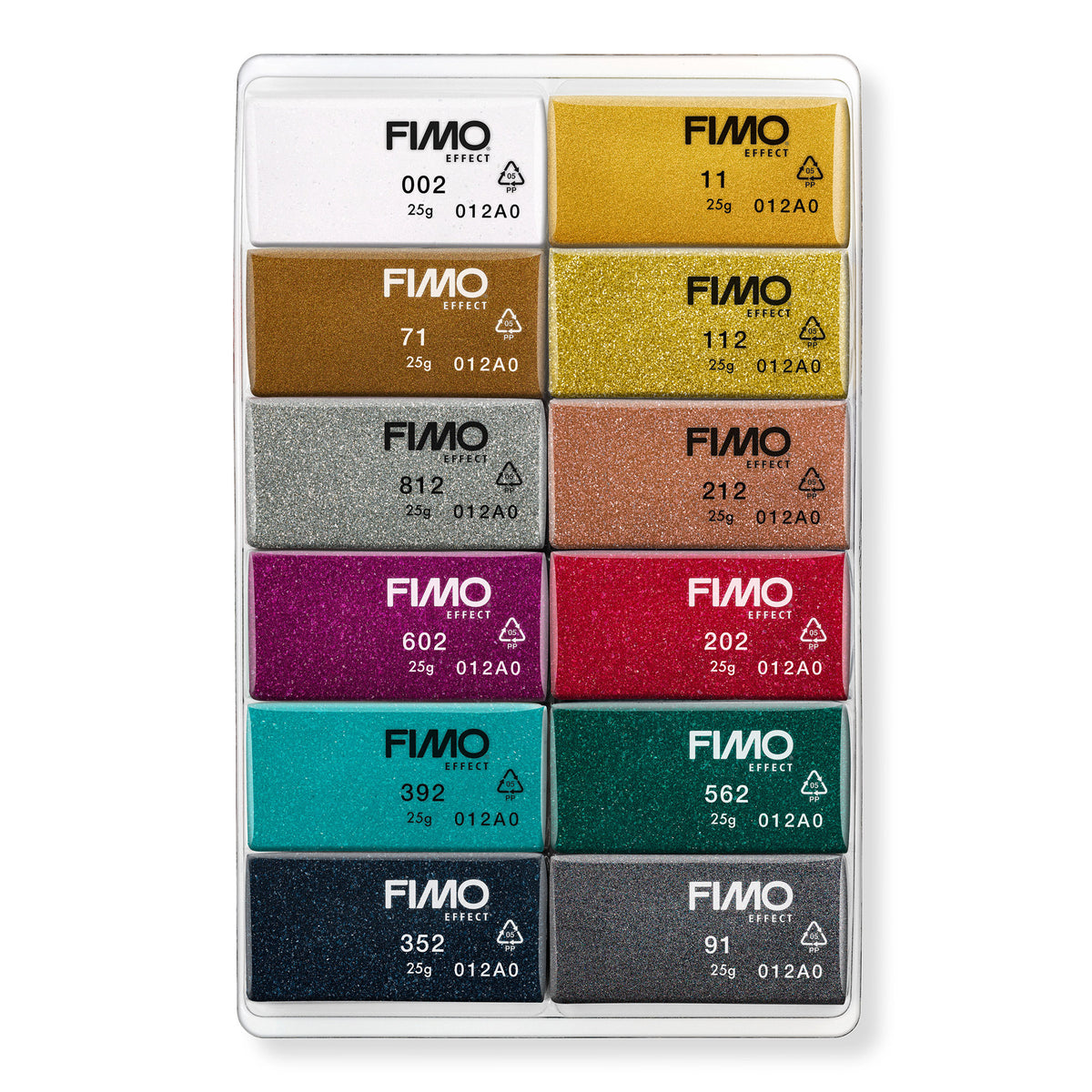 A 12-pack of FIMO Effect Clay Colors in a clear plastic tray, featuring a variety of glitter and matte finishes including white, gold, bronze, silver, copper, magenta, red, teal, green, black, and gray.