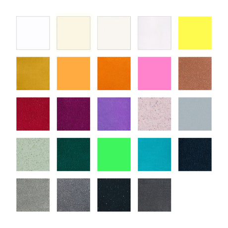 Color swatch chart with various solid and textured colors on a white background