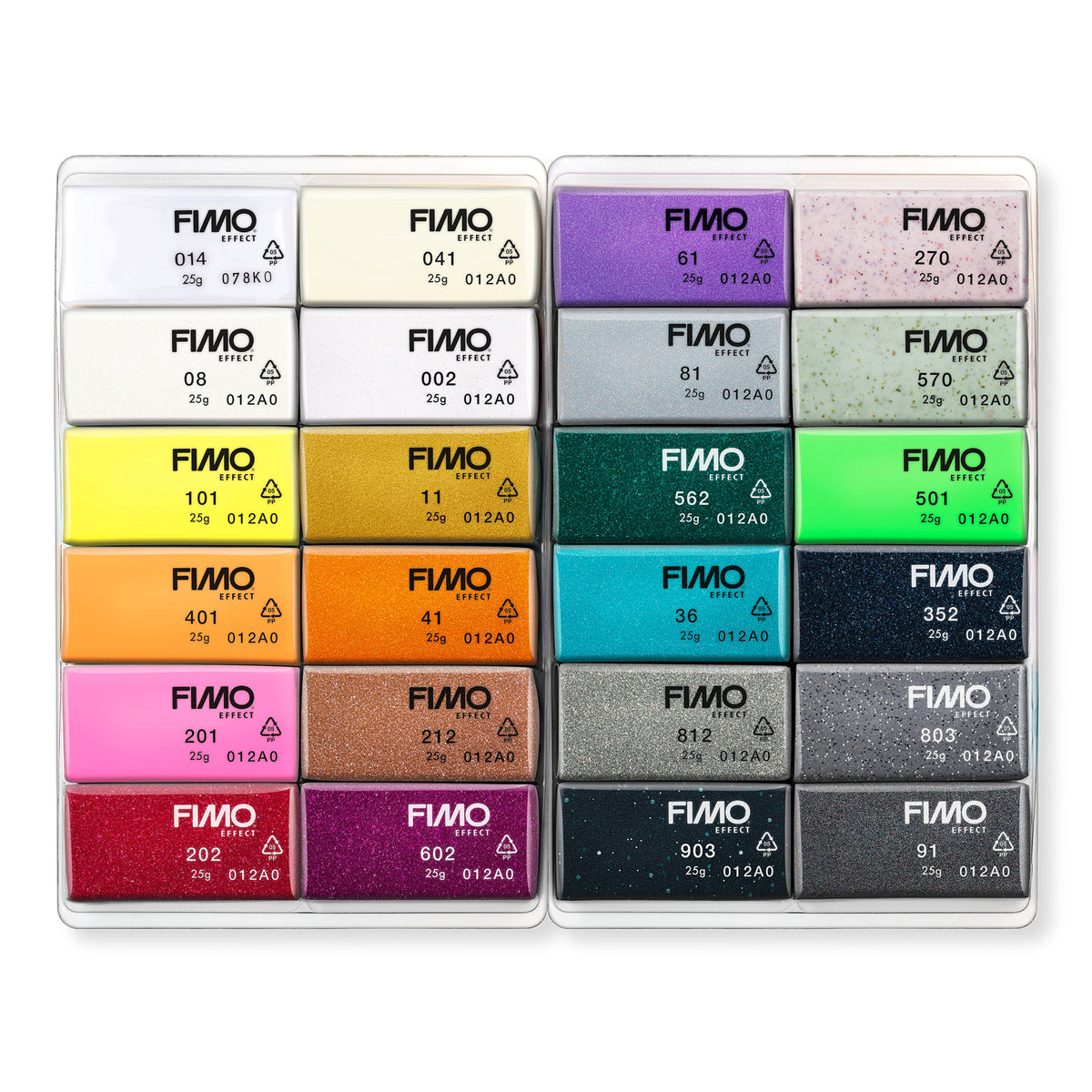 Two clear plastic trays of FIMO Polymer Effects clay, showing 24 different colour blocks with black printed text labels on a white background.
