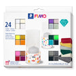FIMO modeling clay set packaging with colorful samples on a white background