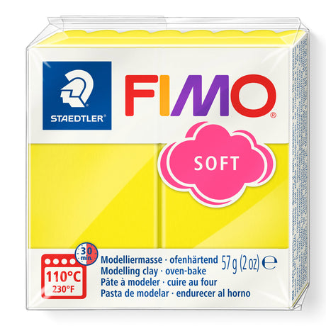 FIMO soft modeling clay package with yellow color on a white background