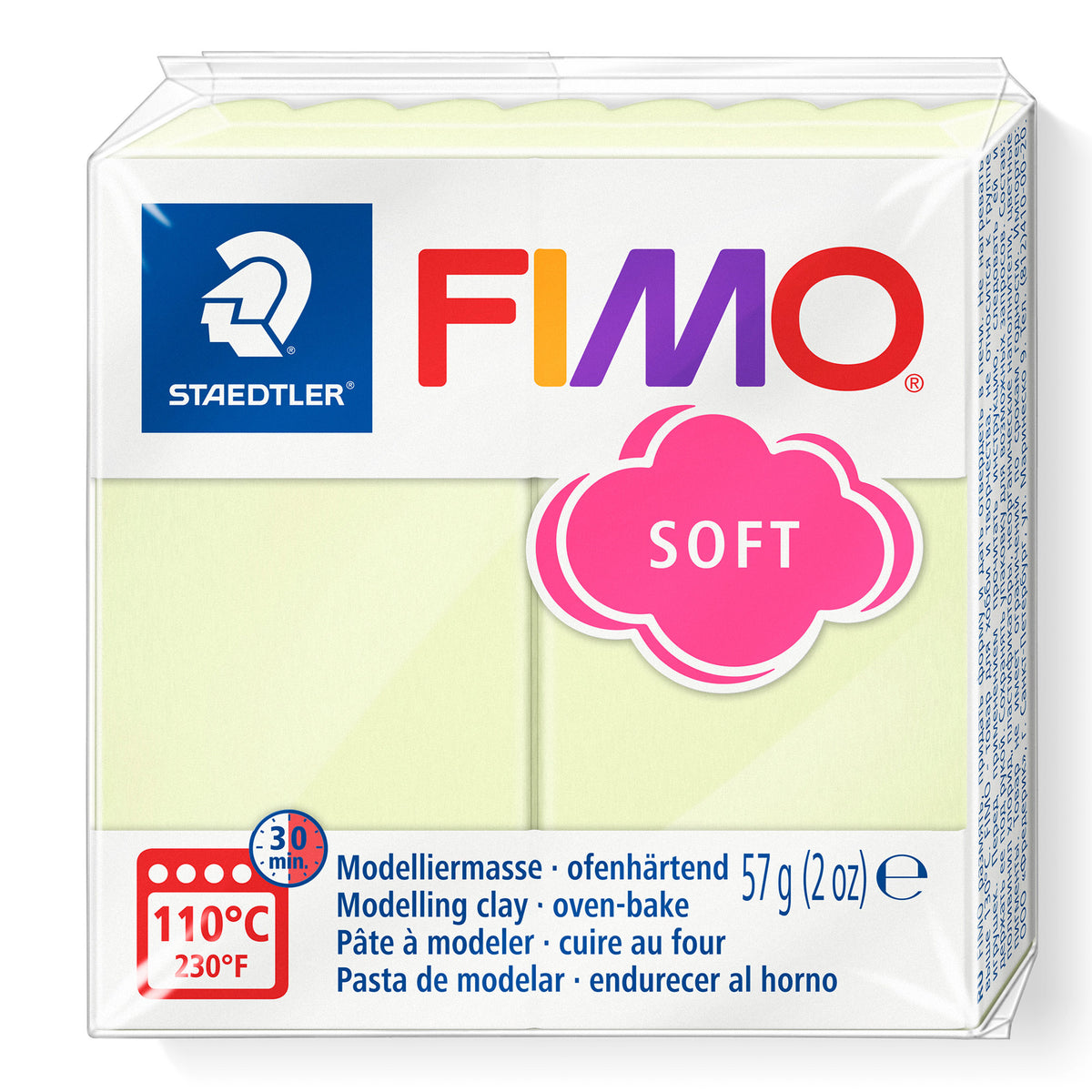 A package of Staedtler FIMO Soft modelling clay in a vanilla shade, shown in a 57g (2 oz) square plastic box with branding and product details.