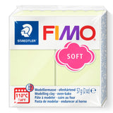 A package of Staedtler FIMO Soft modelling clay in a vanilla shade, shown in a 57g (2 oz) square plastic box with branding and product details.