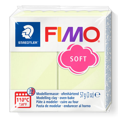 A package of Staedtler FIMO Soft modelling clay in a vanilla shade, shown in a 57g (2 oz) square plastic box with branding and product details.