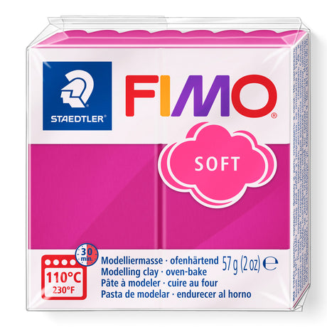 A package of Staedtler FIMO Soft modelling clay in a raspberry colour, shown in its clear plastic shrink-wrap packaging against a white background.