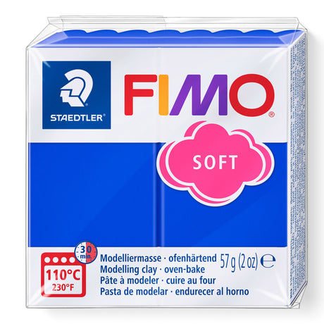 A package of Staedtler FIMO Brilliant Blue Soft modelling clay, 57g (2 oz), featuring a white and blue box with a pink cloud logo and multicolour FIMO branding.