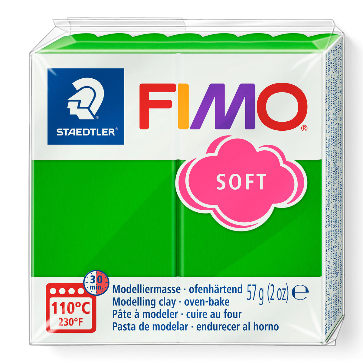 Green FIMO tropical green soft modelling clay 57g package with Staedtler logo on a white background