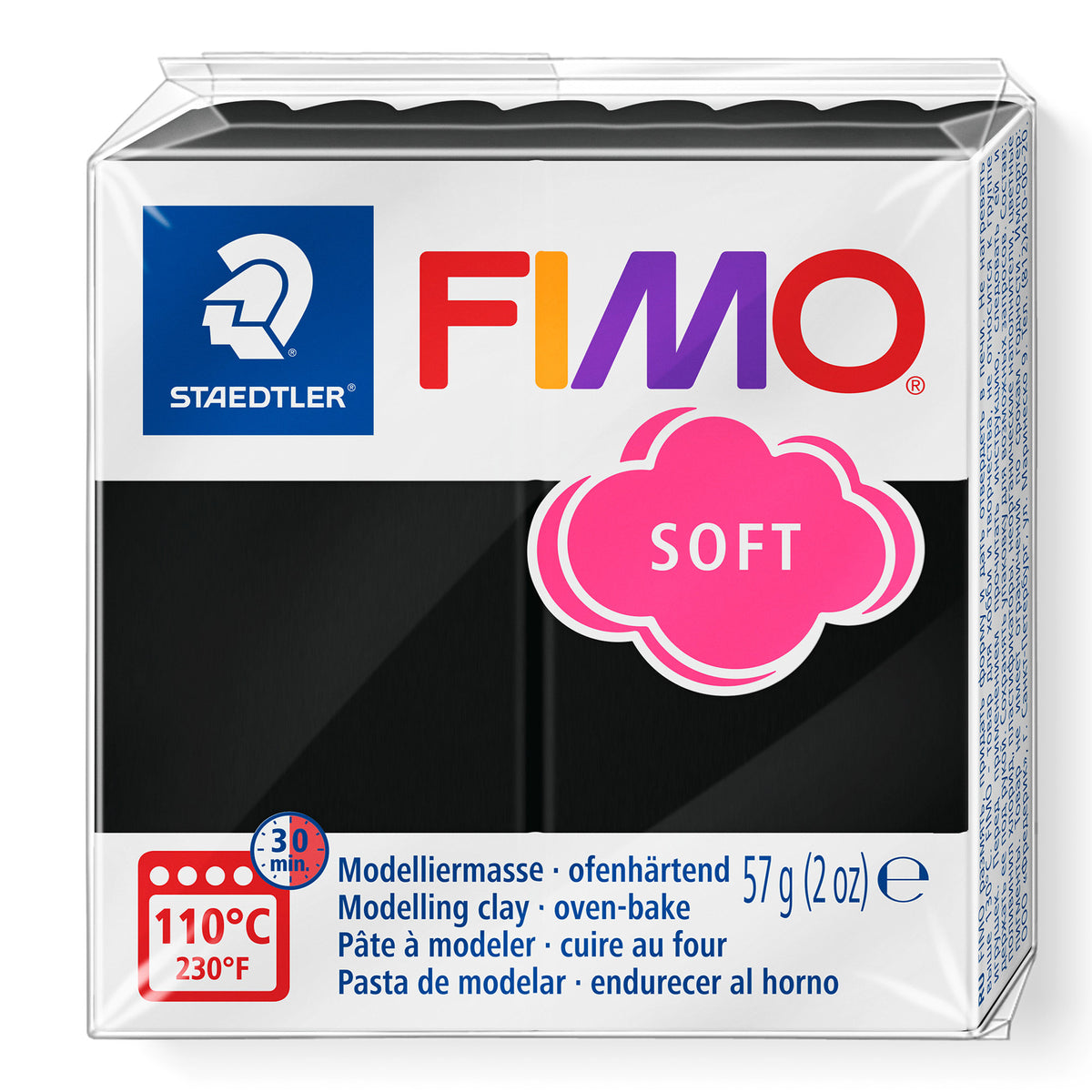 Packet of FIMO black soft modelling clay on a white background