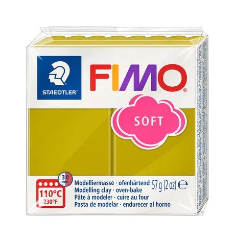 A package of Staedtler FIMO Soft modelling clay in a chartreuse yellow-green color, shown in its original retail packaging against a white background.