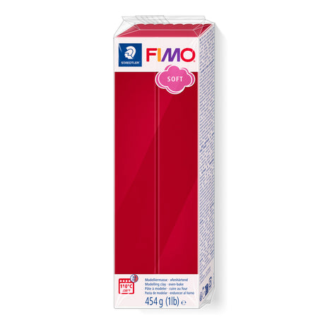 A 454 g (1 lb) block of Fimo Soft Cherry Red modelling clay in its original packaging against a plain white background.