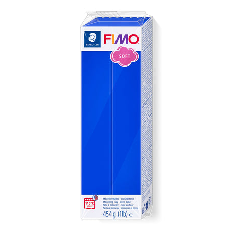 A 454 g (1 lb) block of Fimo Soft brilliant blue modelling clay in its original packaging against a plain white background.