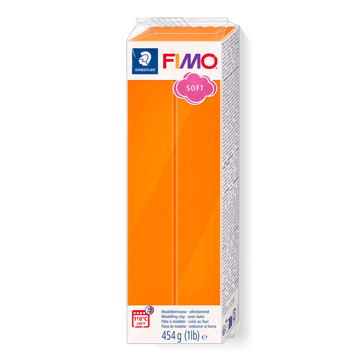 A 454 g (1 lb) block of Fimo Soft Tangerine Orange modelling clay in its original packaging against a plain white background.
