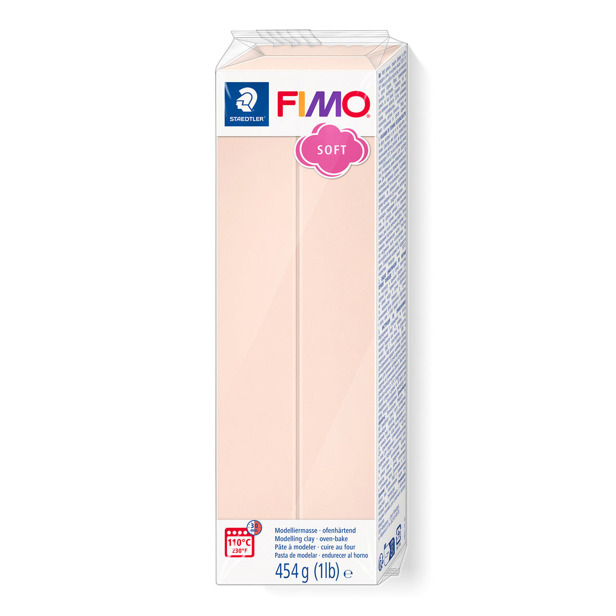 A 454 g (1 lb) block of Fimo Soft Pale Pink modelling clay in its original packaging against a plain white background.