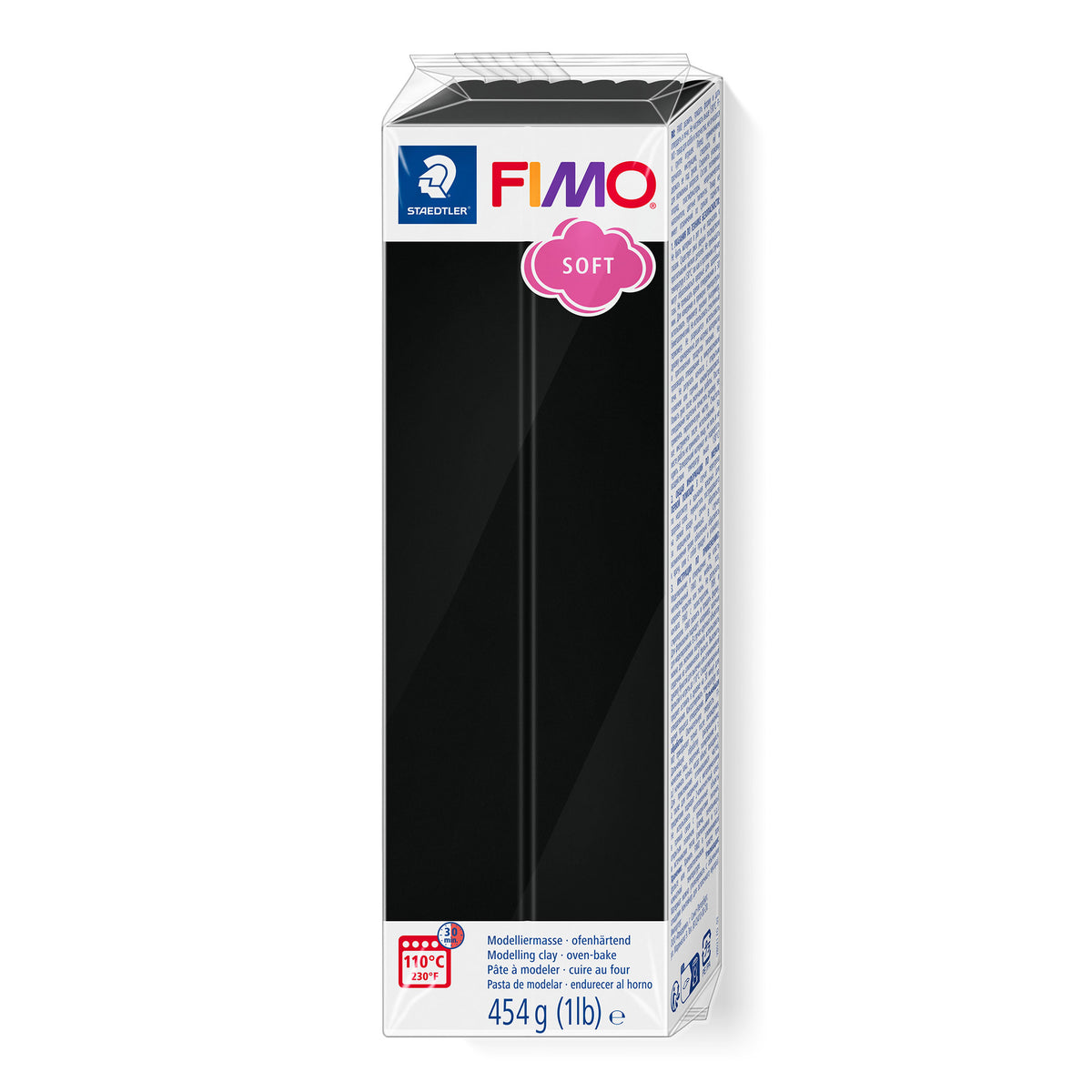 A 454 g (1 lb) block of Fimo Soft Black modelling clay in its original packaging against a plain white background.