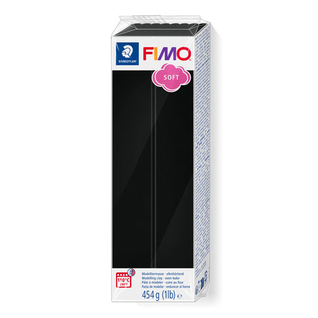 A 454 g (1 lb) block of Fimo Soft Black modelling clay in its original packaging against a plain white background.