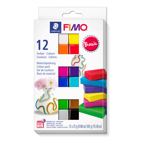 FIMO Basic 12 colours polymer clay set on a white background