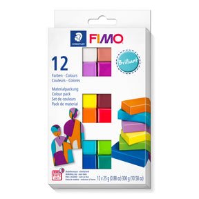 Fimo Brilliant 12-piece clay color pack in its original white packaging, featuring a variety of bright colors and illustrations of colorful clay stacks and figures.