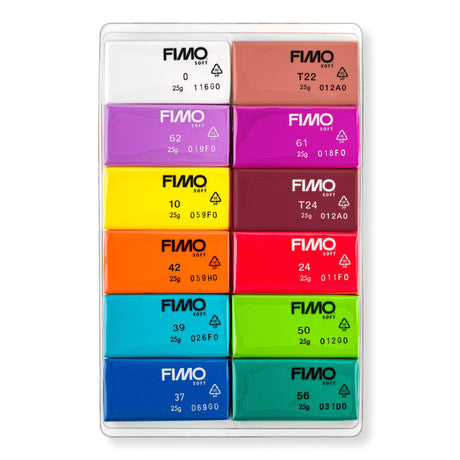 FIMO Soft clay paste palette containing 12 small color sticks in various vibrant shades including white, terracotta, purple, magenta, yellow, burgundy, orange, red, turquoise, green, blue, and teal, arranged in a clear plastic case.