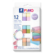 FIMO 12-piece pastel clay colour pack in its original white packaging, featuring a variety of pastel and bright colours.