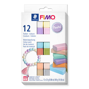 FIMO 12-piece pastel clay colour pack in its original white packaging, featuring a variety of pastel and bright colours.