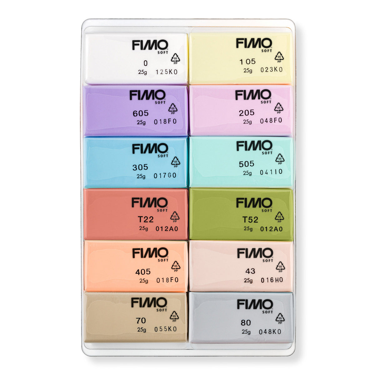 A 12-piece set of FIMO Soft clay blocks in various pastel and earthy colors, arranged in a 3x4 grid inside a clear plastic case.