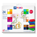 FIMO polymer modelling clay set packaging with 24 colourful half blocks on a white background