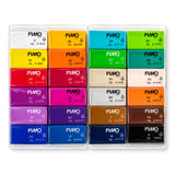 FIMO 24 half block polymer clay set with various colours in a clear plastic case on a white background